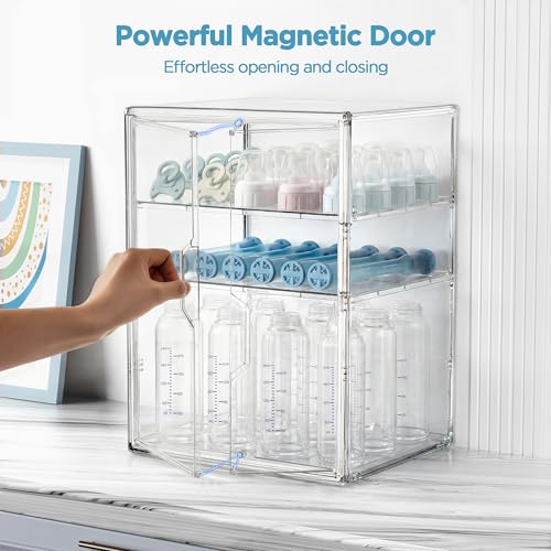HBlife Baby Bottle Storage Organizer for Countertop Cabinet, 3 Tiers Adjustable Clear Acrylic Bottles Storage Station Case Box Container with 2 Removable Dividers and Magnetic Double Door, X-Large - size: X-Large, style: 3-Tier Double Door