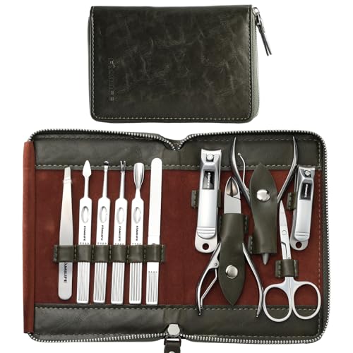 FAMILIFE Stainless Steel Manicure Set 11-in-1 Professional Nail Clipper Kit | Portable Leather Travel Case, Pedicure & Grooming Tools for Fingernails & Toenails, Luxury Gifts Set for Men & Women, Green - color: Dark Green