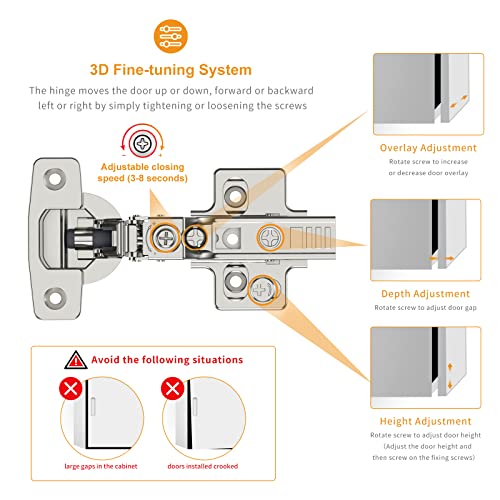 Chibery 10 Pack Frameless Inset Soft Close Concealed European Hinges, Self Closing Satin Nickel, 105 ° Open Angle 4D Adjustment, Speed Control, Clip On, Stainless Steel for Cabinet Door - size: Inset