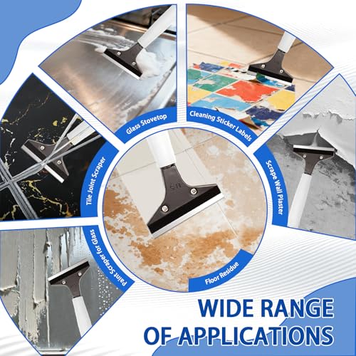 Floor Scraper Heavy Duty Long Handle,61in 4"Razor Blade Floor Scraper Adjustable with 10PCS Extra Metal Blades Paint Scraper for Cleaning Stickers Gum Glass Wall Tile Linoleum Stove Top