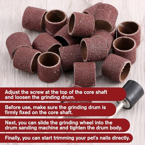 22Pcs Dog Nail Grinder, Sanding Bands and Drums Replacement Kit for Dogs and Cats, Safe Quiet Electric Nail File Grooming Supplies for Smooth Claw Care Polishing (1/2 Inch 120 Grit)