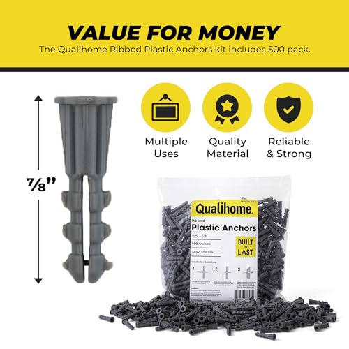 Qualihome Ribbed Plastic Drywall Anchors - Wall Anchors for Drywall - Plastic Screw Anchors for Secure Fastening (Bulk Pack, #6-8 x 7/8") - size: #6-8 x 7/8", style: Bulk Pack