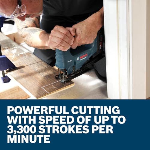 BOSCH GST18V-37N 18V Brushless Top-Handle Jig Saw - Powerful, Compact, 3.7" Cutting Depth, 3300 SPM, 4 Orbital Settings, Variable Speed Dial, LED Light, Tool-Free Blade Change (Bare Tool)