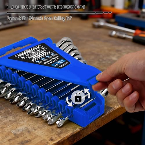 2-Piece Magnetic Wrench Organizer, 24-Slot Wrenches Holder Set with Lock Cover Metric 6–18mm & SAE 1/4-3/4", Wrench Rack Tool Trays with Carrying Handle for Wall Mount Toolbox Drawer Storage - style: 24-Slot Locking Cover / 2-Pack