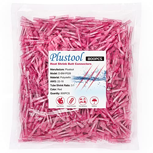 800PCS Red Heat Shrink Butt Connectors AWG 22-18, Plustool Marine Grade Electrical Wire Connectors, Tinned Red Copper 0.7mm, Insulated Waterproof Crimp Terminals Butt Splice for Cable,Boat,Wiring - color: Red 800PCS