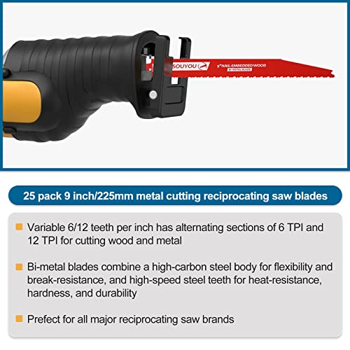 25 Pack 9 Inch 6/12 Tpi Reciprocating Saw Blades Bi-Metal Steel Demon with Perma-Shield Coating Stud and Reciprocating Saw Blades for Cutting Embedded Wood Metals PVC Pallets etc. - size: 9in 25Pack, style: 6/12 Tpi