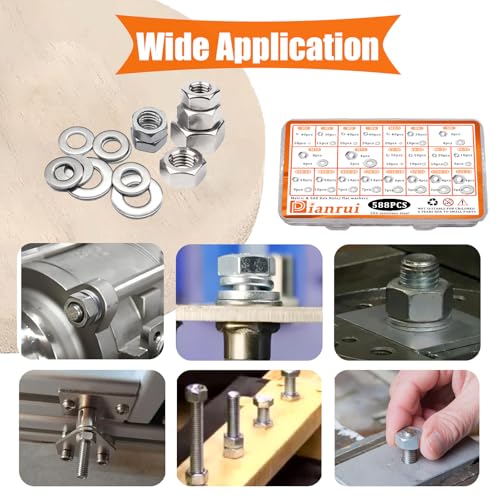 Dianrui 588PCS Metric & SAE Hex Nuts and Washers Assortment Kit, Assorted Nuts Washers 304 Stainless Steel (2#56 4#40 6#32 8#32 10#24 10#32 12#24 1/4-20 5/16-18 3/8-16 7/16-14 1/2-13 M2-M12) 21 Sizes - size: 588PCS Metric&SAE Kit