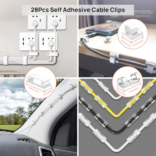 193 PCS Cable Management Kit - 4 Cable Sleeve, 57 Self Adhesive Cable Clips, 12 Hanging Strips, 12 Cable Organizer Straps and 100 Fastening Cable Ties for TV Computer Under Desk (White) - color: White