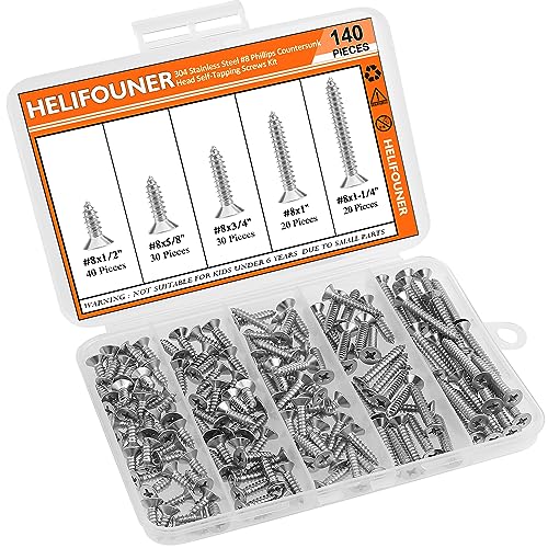 #8 x 1/2" 5/8" 3/4" 1" 1-1/4" Wood Screws Set, HELIFOUNER 140 Pieces Phillips Countersunk Head Self-Tapping Screws Assortment Kit, Phillips Flat Head Wood Screws, 304 Stainless Steel - size: #8