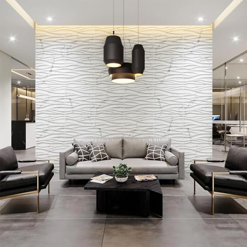 STICKGOO Wave 3D Wall Panels, White Marble, 19.7" x 19.7" - color: White Marble Mixed Gold Thread