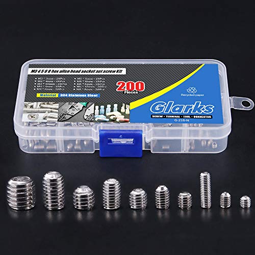 Glarks 200-Piece M3 4 5 6 8 Hex Allen Head Socket Set Screw Assortment Kit (304 Stainless Steel)