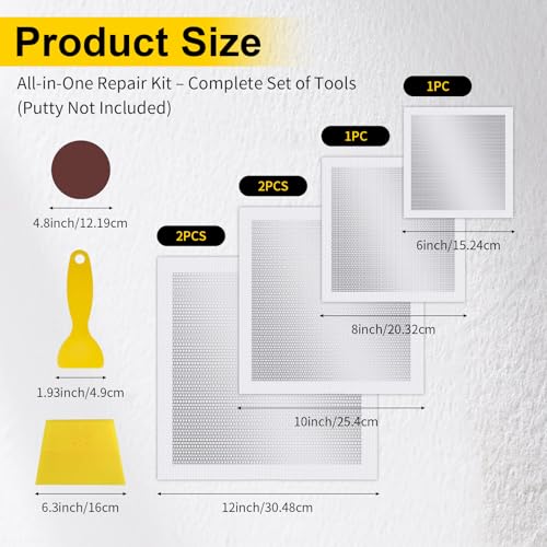 6/8/10/12 Inch Drywall Repair Kit, 6PCS Heavy Duty Self-Adhesive Mesh Patch Kit for Large Holes - Includes Scraper & Sandpapers, Ideal for Drywall, Sheetrock, Wall and Ceiling Repairs