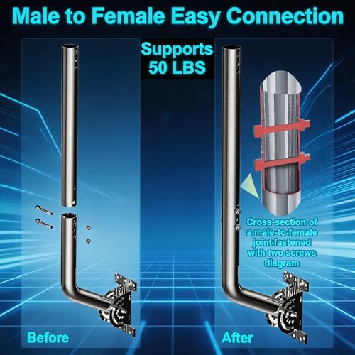 28" Heavy Duty Adjustable Antenna Wall Mount – 430 Stainless Steel J-Pole Solid Mast Bracket for Starlink (Adapter Required), TV Antennas, Weather Stations – 1.38" OD Pivot Base (Silver) - color: 28‘’ Long Wall Mount Silver