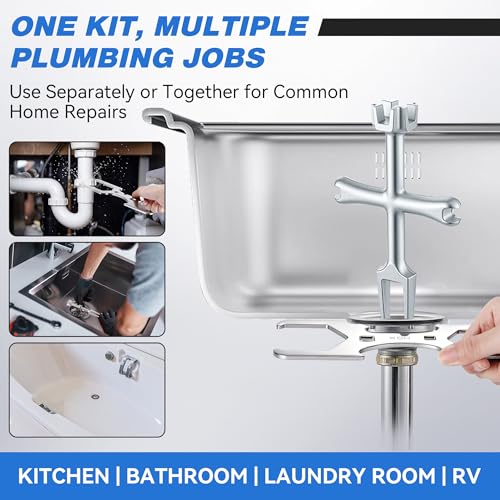 4 Sided Drain Strainer Wrench and 3 Way Plumbers Wrench Set, Heavy Duty Sink Drain Tool for Tub Removal, Basket Strainer Installation, Fits 1-3/4, 2, 2-1/2 Inch Nuts, with Silicone Putty