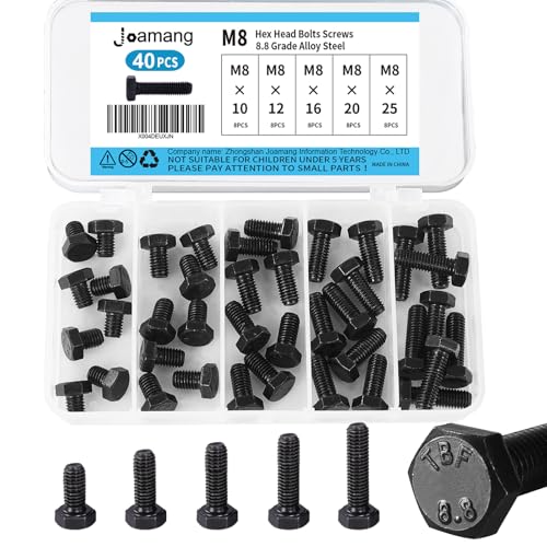 M8 x 10mm 12mm 16mm 20mm 25mm Hex Bolts, Hexagon Head Screw, 8.8 Grade Alloy Steel, Black Oxide Finish, Metric Full Machine Thread, Assortment Kit 40PCS - size: M8x10-25mm(40PCS)