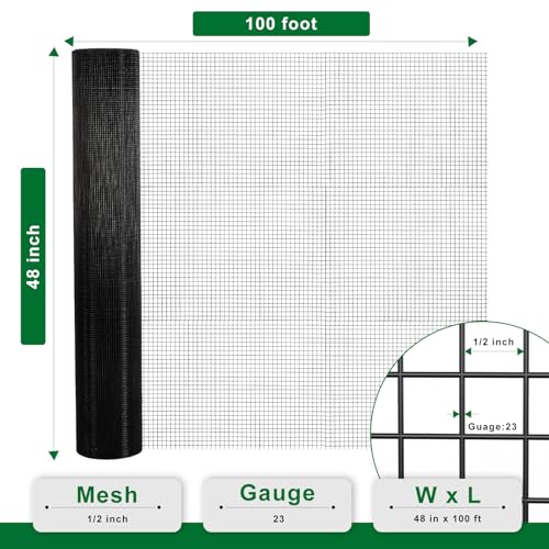 Hardware Cloth 1/2 inch 48 x 100 ft Black 19 Gauge Vinyl Coated Welded Wire Mesh Roll PVC - Coated Welded Wire Fence Perfect for use as Chicken Wire Fencing mesh - color: Black, size: 1/2 inch 48" x 100 ft 19Ga
