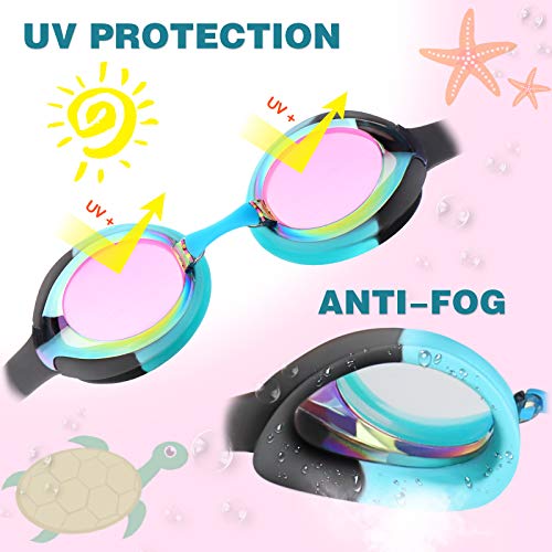 Keary Kids Swim Goggles Anti Fog & UV Girls Toddler Boys for 3-12 - color: Mirrored Black & Pink