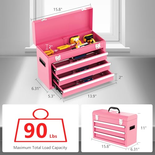 3 Drawer Metal Tool Box, Portable Metal Tool Box with EVC Liners and Latches Closure, Heavy Duty Steel Tool Chest with Ball Bearing Opening and Powder Coated Finish, Pink - color: Pink