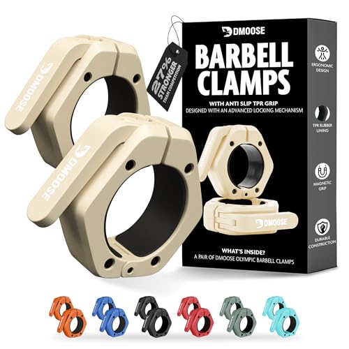 DMoose Fitness Barbell Clips 2 Inch (Pair) - Quick Release Olympic Barbell Clamps & Collars with Anti Slip TPR Grip for Secure Weightlifting and Powerlifting - Weight Clips for Bars at Home or Gym - color: Beige, style: Non Magnetic