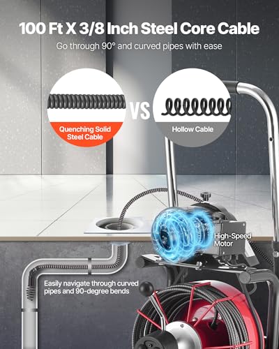 VEVOR Drain Cleaner Machine 100FT x 3/8 Inch, Auto Feed Sewer Snake Auger on Wheels, 370W Portable Drain Cleaning Machine with 8 Cutters & Air-activated Foot Switch for 2" to 4" Pipes - style: 100 FT x 3/8''