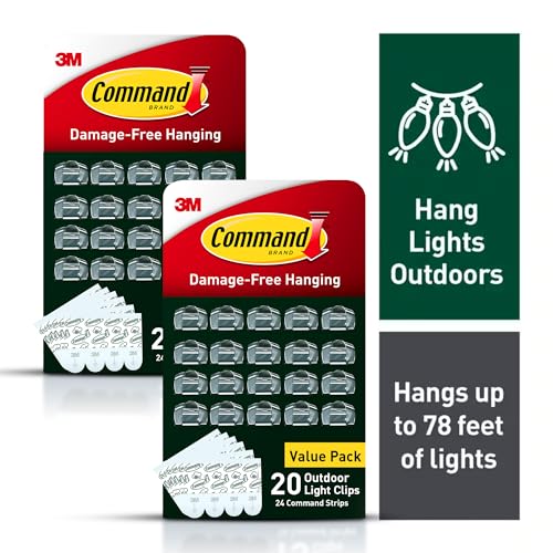 Command Outdoor Light Clips, 40 Clear and 48 Strips, Damage Free Hanging with Weather Resistant Strips, Wall Clips for Hanging Outdoor Lights and Cable Management - size: 2 Pack