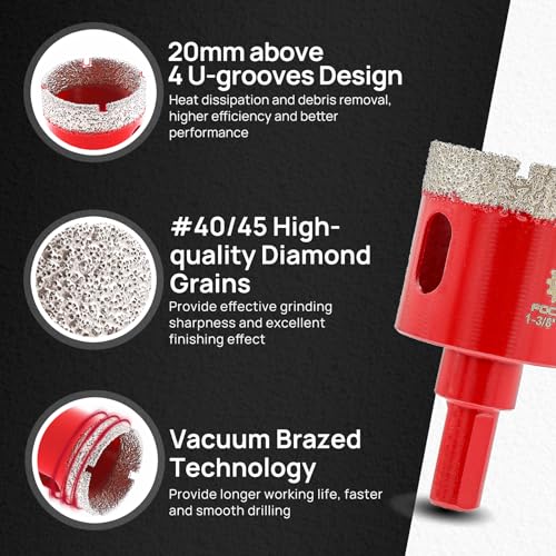 Diamond Core Drill Bits Set - FOCSTOL 10pcs (6/8/10/20/25/28/32/35/50mm+35mm Beveling Chamfer Bit) Hole Saw Kit with Triangle Shank for Porcelain Tile Ceramic Granite Marble - size: KIT8