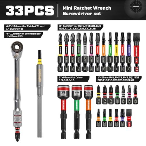 Geinxurn 33Pcs T-Handle Ratchet Wrench Set,72-Tooth 1/4" Reversible Ratchet with Nut Driver, Extension Bar, and 1”Impact Magnetic (Phillips/Torx/Slotted) Screwdriver Bit in Coded Base for Repair - size: 33pcs-NutDriver