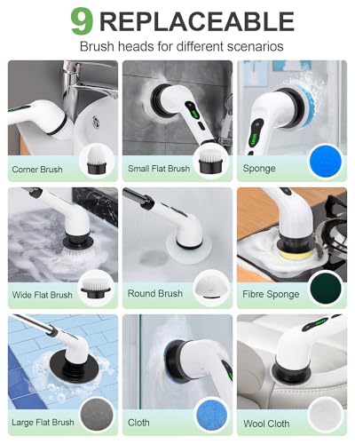 Cordless Electric Spin Scrubber, 9 Brush Heads, 2-Speed Motor - size: 9heads