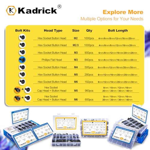 KADRICK 1000PCS M2.5 Screw Kit,Hex Socket Button Head Screw,Length 4MM-20MM - size: M2.5 1000Pcs 4-20mm