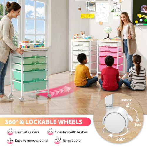 Goovilla Rolling Cart with 5 Drawers for Craft, Art, Dorm, Office, Pink - size: Pink