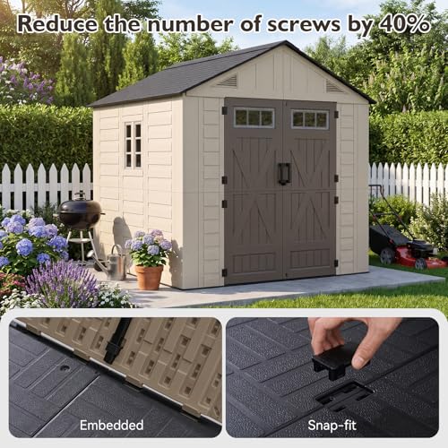 Aoxun 8x8 Ft Outdoor Storage Shed with Floor, Large Resin Outdoor Shed with Lockable Door & Windows, Garden HDPE Sheds for Lawn Tools, Pool Supplies & Bikes - size: 8x8
