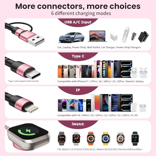 Cruise Travel Essentials, 3 in 2 Multi Charging Cable with iWatch Charger - color: Peach Pink, size: 2Pack5FT