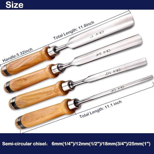 4-Pieces Woodworking Wood Chisel Set,CR-V Steel Sharp Curved Edge Gouge Firm Wood Handle Carpentry Gouge Tools 6mm(1/4")/12mm(1/2")/18mm(3/4")/25mm(1") - size: 4Pcs-4Sizes