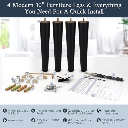 Airy Abode Premium Black Wood Furniture Legs (Full Install Kit) - Pick Your Size and Color - color: Black, size: 10 Inches