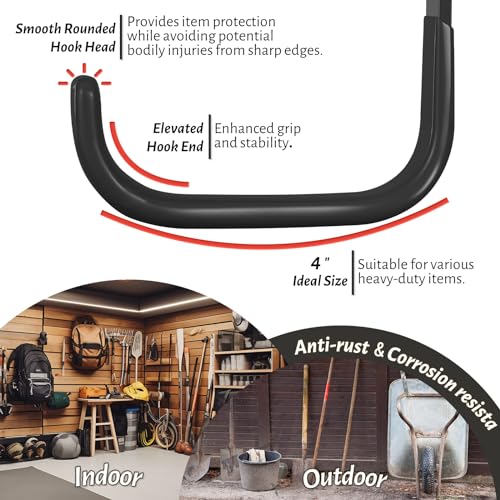 Garage Hooks 4 Inch, 6 Pack Heavy Duty Wall Hooks for Hanging - color: Black