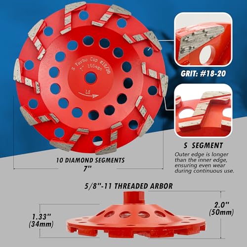7" Diamond Grind Wheel 10 S Seg Concrete & Coating 5/8"-11 Threaded Arbor - style: 7" Diameter / 10 S Segments