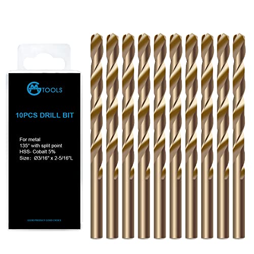 GMTOOLS 3/16 inch Cobalt Drill Bits, M35 HSS, 135 Degree Tip, Jobber Length Twist Drill Bit Set for Hard Metal, Stainless Steel, Cast Iron, Wood and Plastic, with Storage Case, Pack of 10 - style: M35-3/16-10pcs