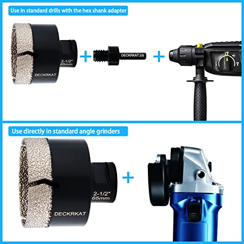 Diamond Hole Saw, 2-1/2" Hole Saw for Tiles Granite Marble Ceramic Glass Porcelain, 65mm Core Drill Bit with 5/8-11 Thread and 3/8” Hex Shank Adapter for Angle Grinders & Drills - size: 2-1/2"(65mm)