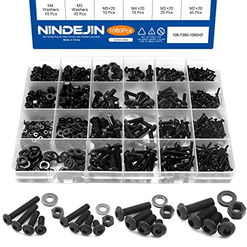 NINDEJIN M5 M4 M3 M2 Hex Socket Head Button Screw Bolts Nuts and Washer Assortment Kit, 1060PCS Small Metric Screws with 4PCS Allen Wrenches, Black Machine Screws Set 12.9 Carbon Steeel - size: 1060 Hex Button Head Socket Screws Nuts