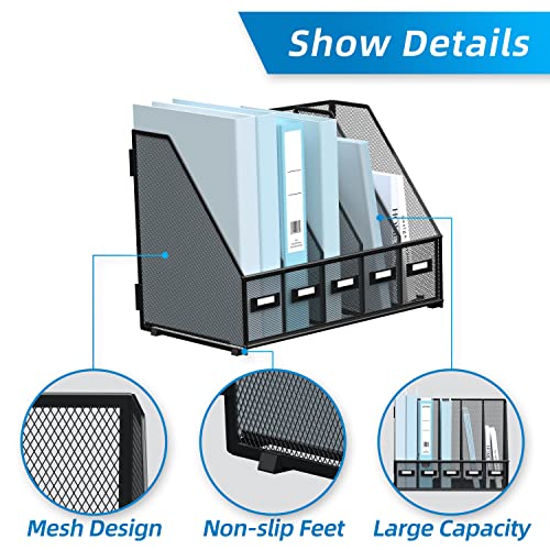 SUPEASY Desk Organizers Metal Desk Magazine File Holder with 5 Vertical Compartments Rack File Organizer for Office Desktop, Classroom, Home Workspace, Black - color: Black, size: Small