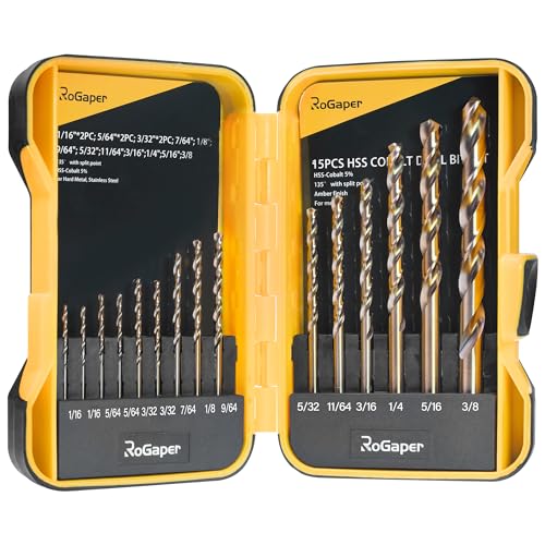 15Pcs Cobalt Drill Bit Set, M35 HSS Jobber Length Twist Drill Bit Set for Cast Iron, Stainless Steel, Plastic and Wood, 1/16" - 3/8" - style: 15PCS