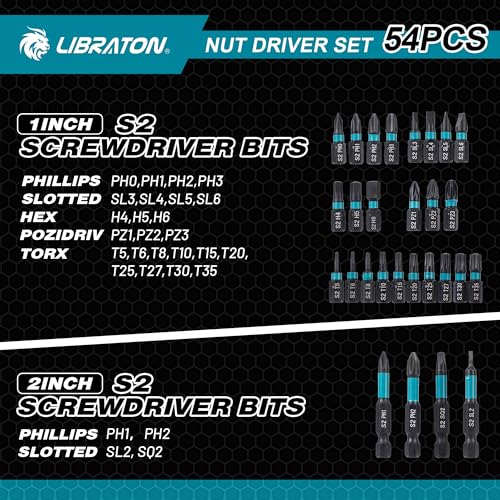 LIBRATON 54PCS Magnetic Nut Driver Set, Impact Drill Driver Bit Set 1/4"