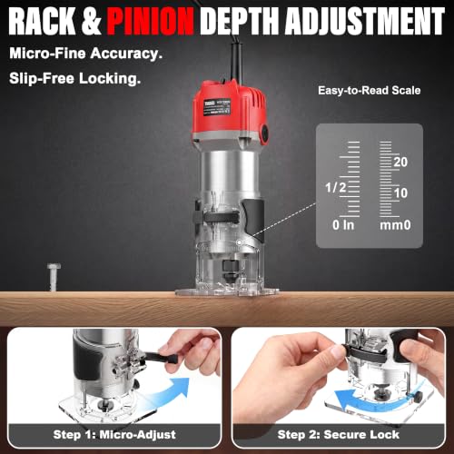 TEENO Wood Router Tool, 6.5 Amp 1.25 HP Wood Routers for Woodworking, 6 Variable Speeds, Aluminum 1/4" Compact Router With 15-Pc Tungsten Carbide Router Bits, Edge & Roller Guides, Carrying Case - color: Silver Red