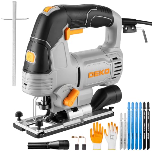 DEKO Electric 800W Jigsaw Tool Power Jig Saws for Woodworking, Wood Cutter Hand Tool with 6 Variable Speed,LED Light