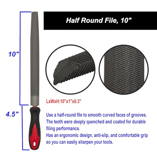 VASTOOLS 10 Inch Metal File Set, T12 High Carbon Hardened Steel, Half Round/Flat/Round Bastard Cut Files with Anti-Slip Grip, for Deburring Shaping Wood Metal Plastic,with Wire Brush