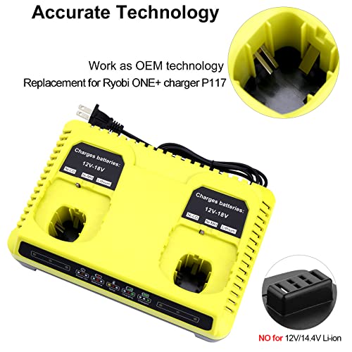2 Ports P117 Fast Charger for Ryobi 18V Battery ONE+ Max Lithium P100 P102 P103 P105 P107 P108 P117 P118 12V-18V Li-Ion NiCd NiMh Battery - size: P117 Dual-Port