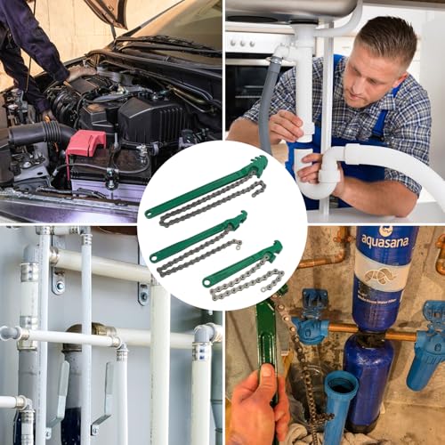 3 PCS Chain Wrench Set, Green Adjustable Chain Oil Filter Wrench (9", 12", 16"), Heavy Duty Carbon Steel Pipe Wrench for Automotive Repair & Plumbing