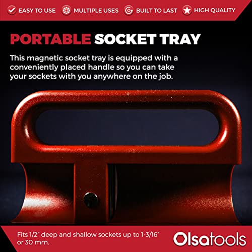 Olsa Tools Magnetic Portable Socket Organizer Tray - 1/2-Inch Drive - Red Holder for Deep & Shallow Sockets - Fits up to 1-3/16" SAE or 30mm Metric - Quality Product for Professionals - Part 1077 - color: Red, size: 1/2-Inch Drive