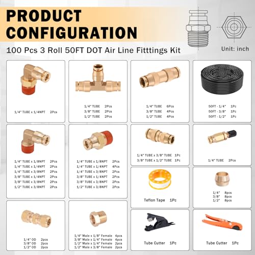 CheeMuii 100PCS Brass DOT Air Line Fittings with 3 Roll 50FT DOT Air Lines - size: 50FT-3ROLL-100PCS
