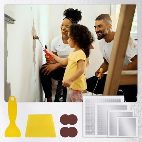 6/8/10/12 Inch Drywall Repair Kit, 6PCS Heavy Duty Self-Adhesive Mesh Patch Kit for Large Holes - Includes Scraper & Sandpapers, Ideal for Drywall, Sheetrock, Wall and Ceiling Repairs